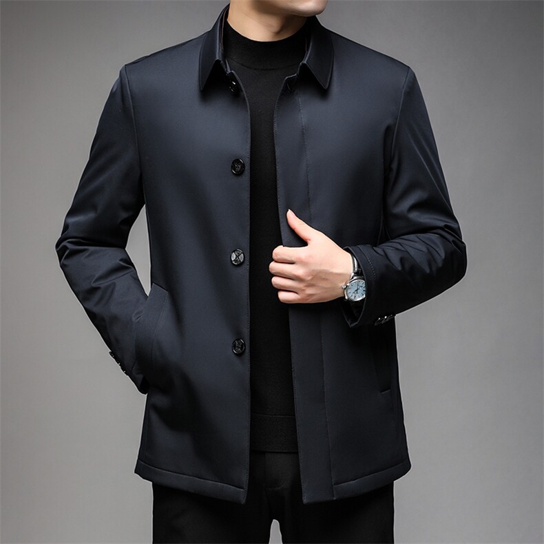 2023年新款冬季中年男士翻领纯色羽绒服厚款保暖休闲白鸭绒外套图片