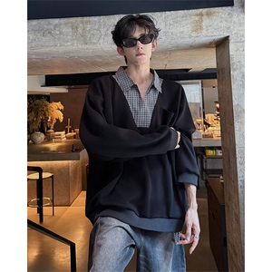 WY10153-特P48 控88 小众撞色面料拼接格子假两件大码男宽松卫衣图片