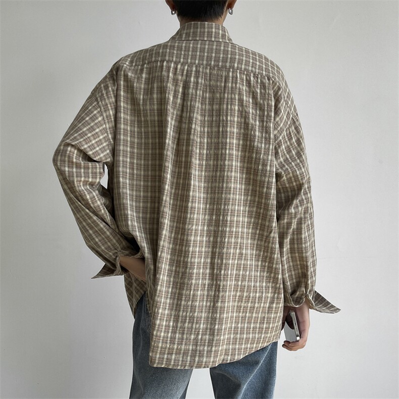 日系复古条格工装衬衫男女学院风简约休闲长袖上衣外套ES977-P40,男装衬衫,星座1008