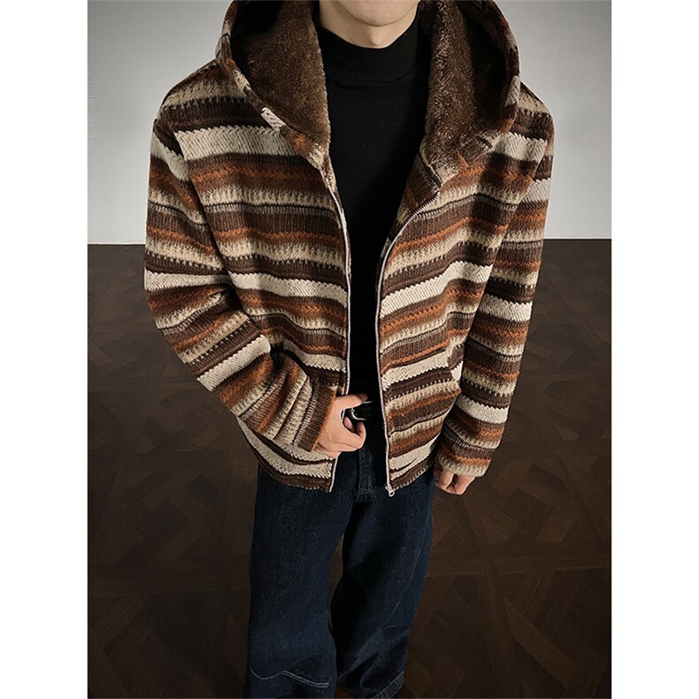 冬季加绒条纹卫衣长袖针织开衫撞色条纹外套5D1193-TP65118，女装短外套，电商A102