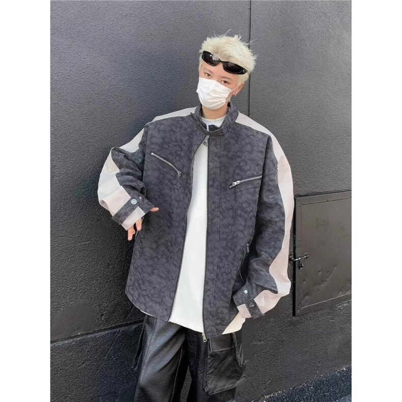 复古水洗做旧PU皮夹克男款秋冬cleanfit高级感垫肩立领机车服外套图片