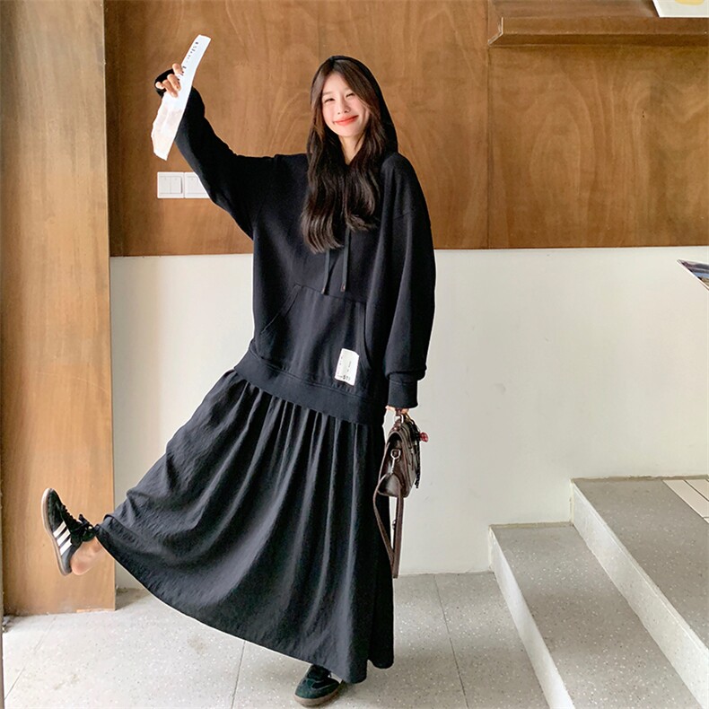 慵懒风连帽假两件卫衣连衣裙女2025春秋季新款宽松巨显瘦减龄长裙,女装连衣裙,2C007