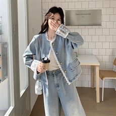 蕾丝花边拼接牛仔套装女2025春季新款盐甜系短款外套阔腿裤两件套，女装套装/套裙，2D076