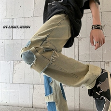 B221美式ins高街暗黑小众撞色破洞直筒牛仔裤LK23109-P65控88，男装牛仔裤，电商B221