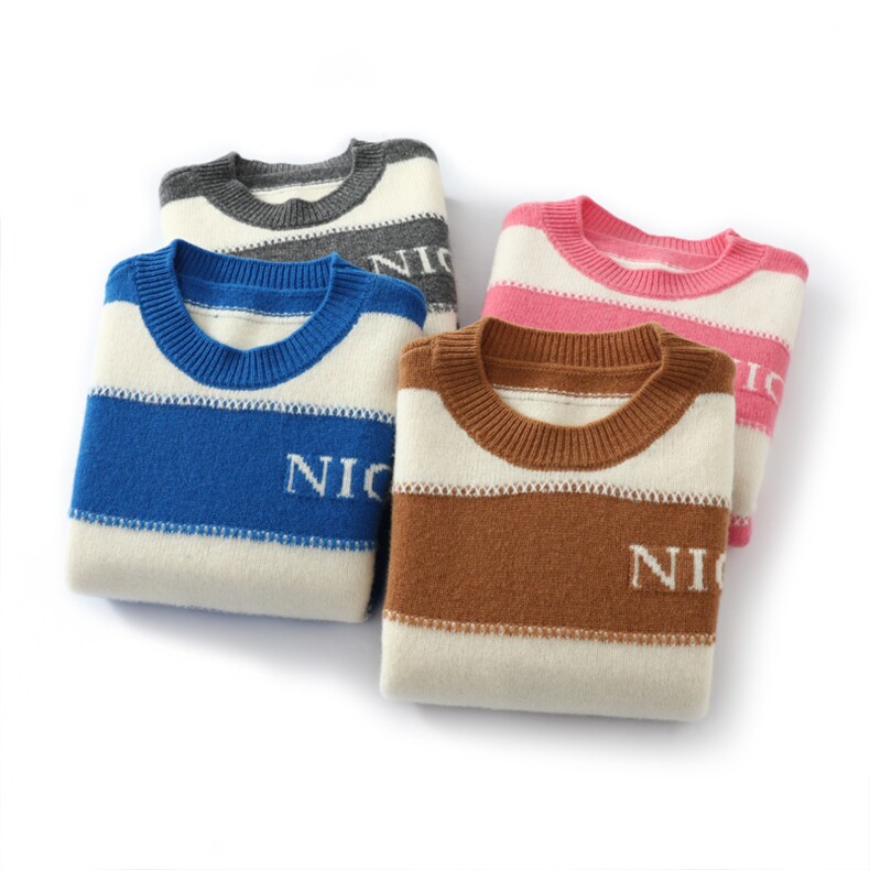 儿童拼色羊毛衫女童毛衣秋冬款中大童宝宝针织厚款圆领套头，童装儿童羊毛衫，唯若美羊绒