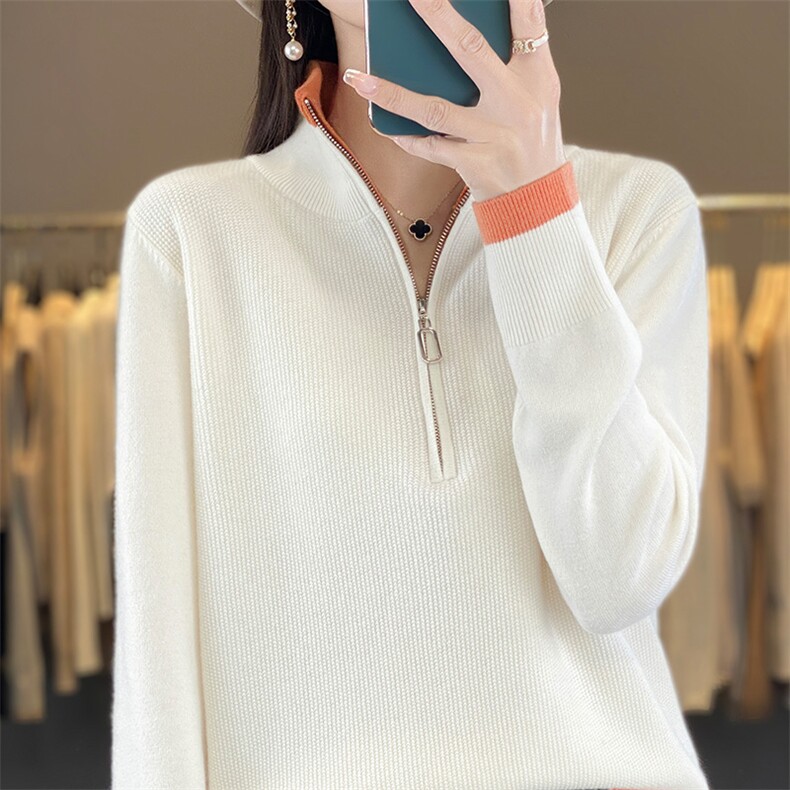 秋冬新款圆领拼色羊毛开衫外套女士洋气休闲宽松外搭针织减龄毛衣，女装羊毛衫，片语羊绒