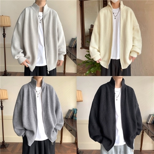 灰色开衫毛衣男秋冬季加绒加厚日系慵懒风针织外套青少年立领上衣图片