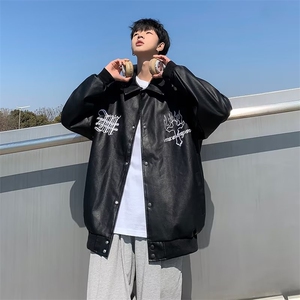 男秋季新款口袋高质量宽松刺绣双层皮皮衣夹克外套BK023P80图片