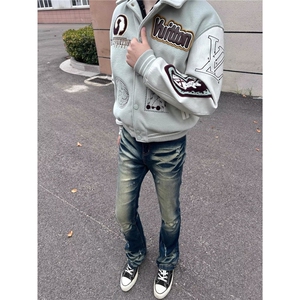 秋冬新款潮牌修身深蓝色牛仔裤男机车复古个性时尚青年小脚长裤子图片