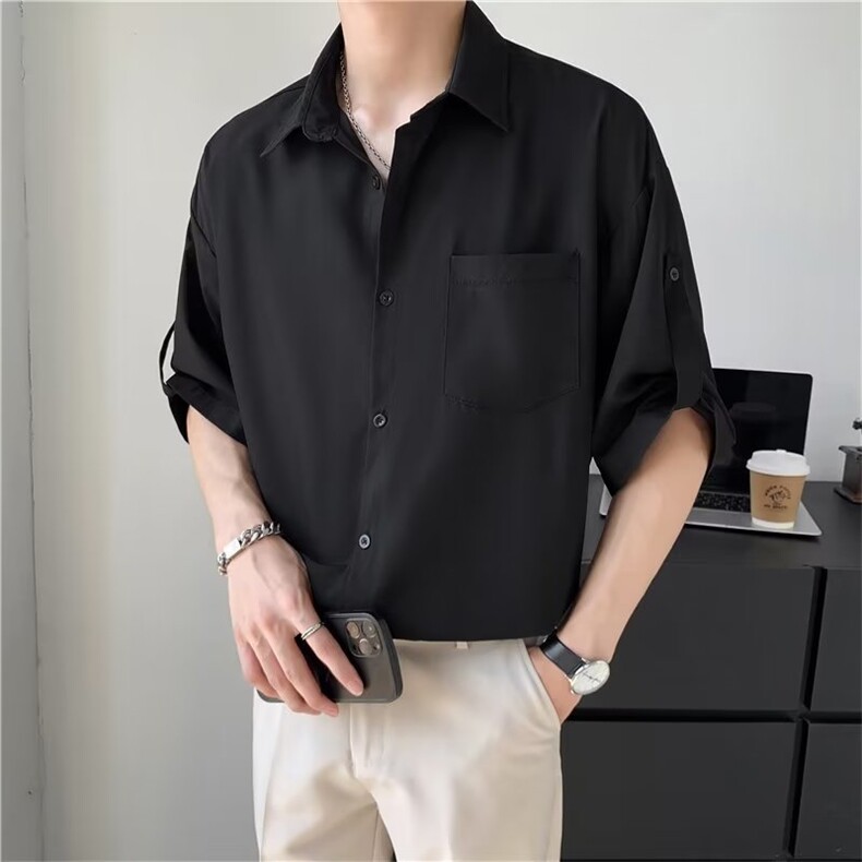 春夏季新款衬衫潮流慵懒男方领宽松型衬衫C766P28图片