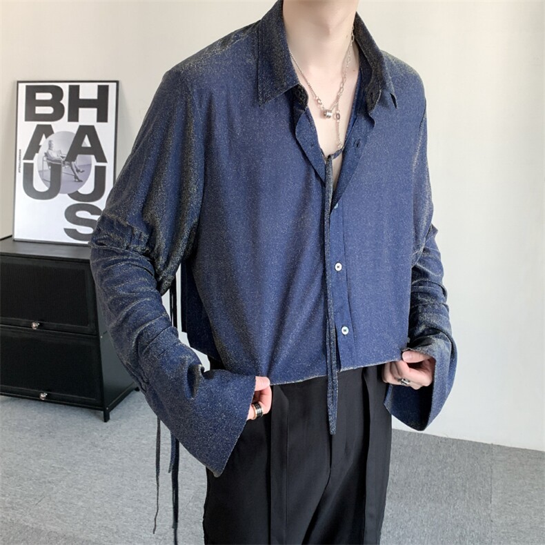 春秋明星同款演唱会重工闪钻宽松轻薄垂坠绑带长袖衬衫系带外套,男装衬衫,星座909