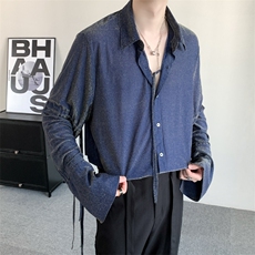 春秋明星同款演唱会重工闪钻宽松轻薄垂坠绑带长袖衬衫系带外套，男装衬衫，星座909