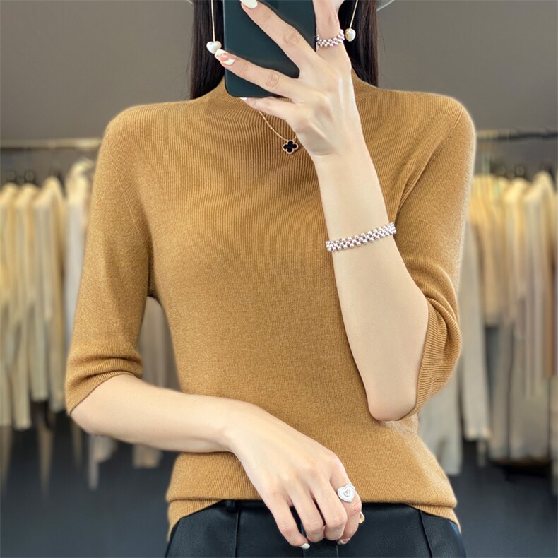 无缝半高领五分袖针织打底衫女T恤2025春秋新款精仿细毛半袖毛衣,针织衫/毛衣,暖烁特种纱工厂店