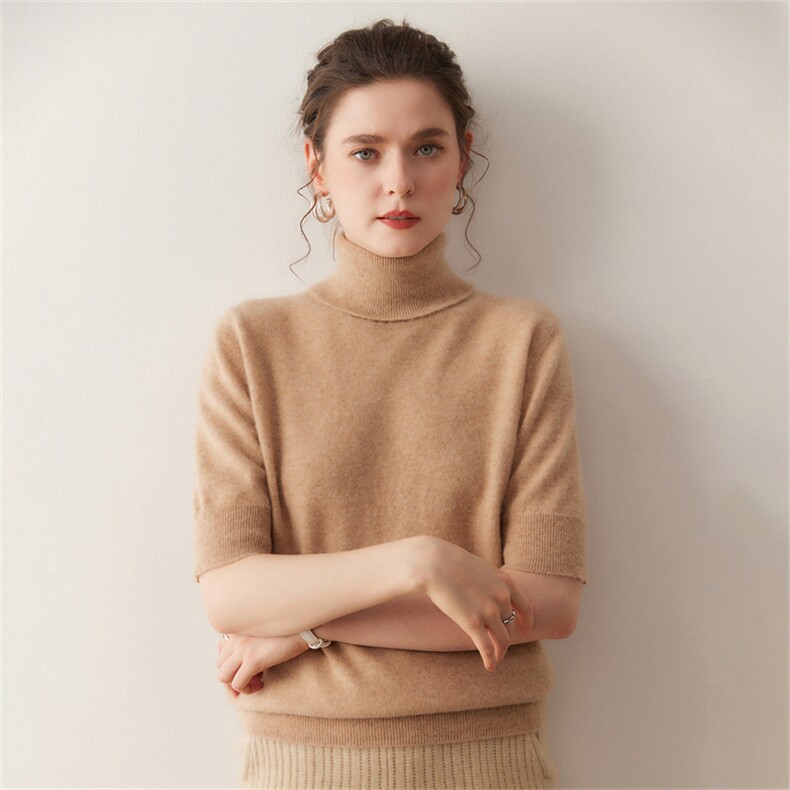 2025年秋季常规不连帽短袖修身型时尚百搭通勤高翻领短袖，女装T恤，溪贝羊绒