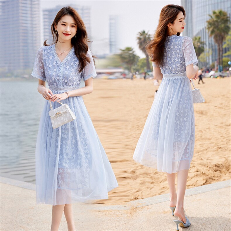 时尚潮流2023年夏季新款甜美显瘦蕾丝网纱拼接长款连衣裙,女装连衣裙,安之芮娜