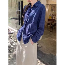 CS304LL-P42美式复古深蓝色格子衬衫男设计感小众，男装衬衫，星座1007（原301D）