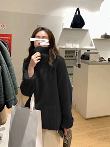 高领毛衣女洋气羊毛衫秋冬季宽松纯色简约堆堆领打底衫图片