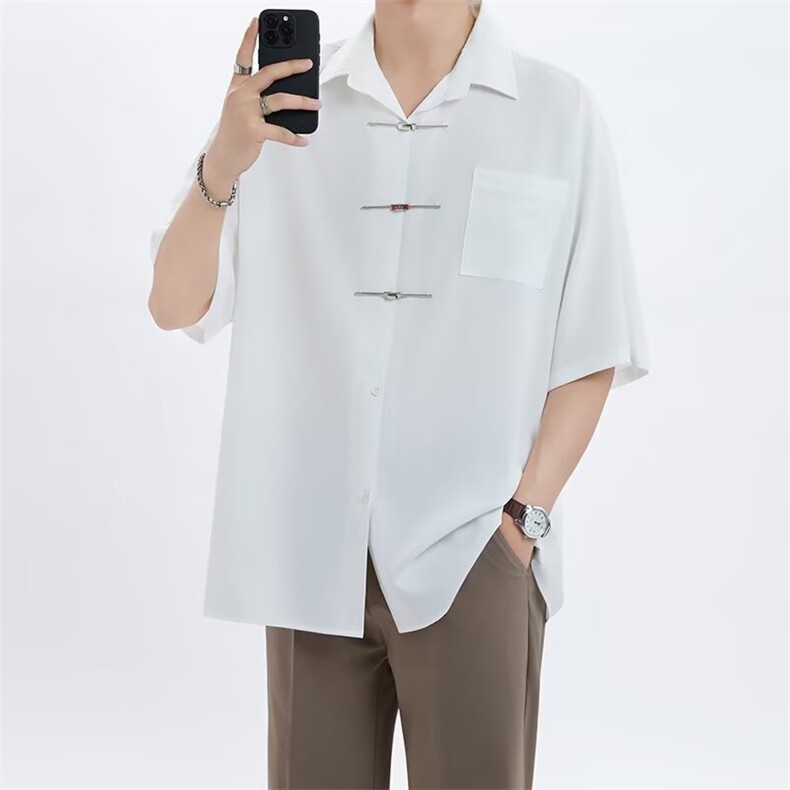 新中式白色短袖衬衫男2025夏季度假穿搭新款盘扣设计风衬衣外套,男装T恤,星座1210-1