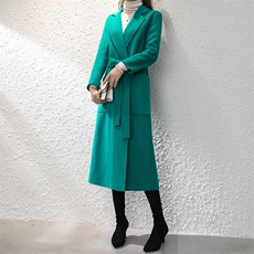 双面羊毛大衣女长款秋冬新款系带翻领羊毛呢大衣外套，女装双面呢大衣，佳恩服饰