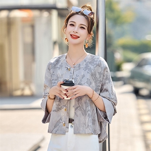 新中式国风提花灰色短外套女2025春新款高端禅意气质百搭盘扣唐装图片