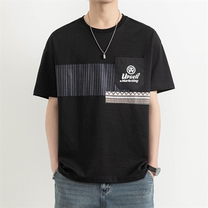 25166-特P40夏季口袋装饰圆领T恤男打底衫个性拼接撞色短袖t恤男图片