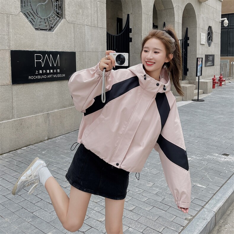 粉色冲锋衣外套女春秋2025新款甜酷撞色小个子连帽工装休闲夹克潮，女装短外套，帛香坊