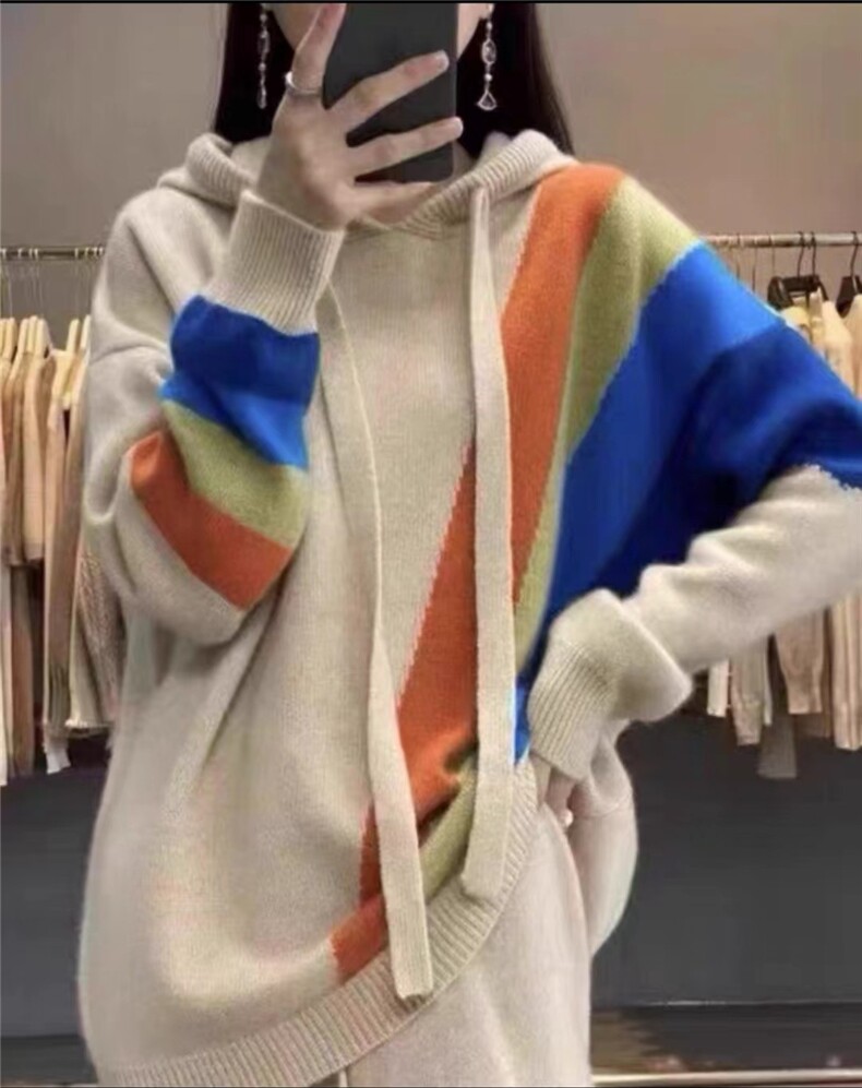 秋冬100%羊毛衫女彩虹条纹加厚宽松带帽连帽卫衣羊绒针织毛衣帽衫,女装羊毛衫,悦玛羊绒