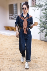 欧洲站时髦流行深色牛仔连体裤潮春新款女休闲减龄显瘦连衣裤，女装休闲裤，微微衣阁