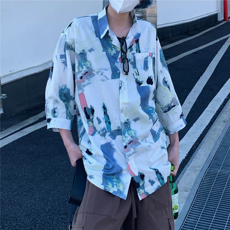 2026夏休闲水墨画冰丝凉感短袖五分袖半袖衬衫CS29/特P30浅蓝3,男装衬衫,电商A094