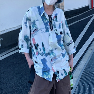 2026夏休闲水墨画冰丝凉感短袖五分袖半袖衬衫 CS29/特P30 浅蓝3图片