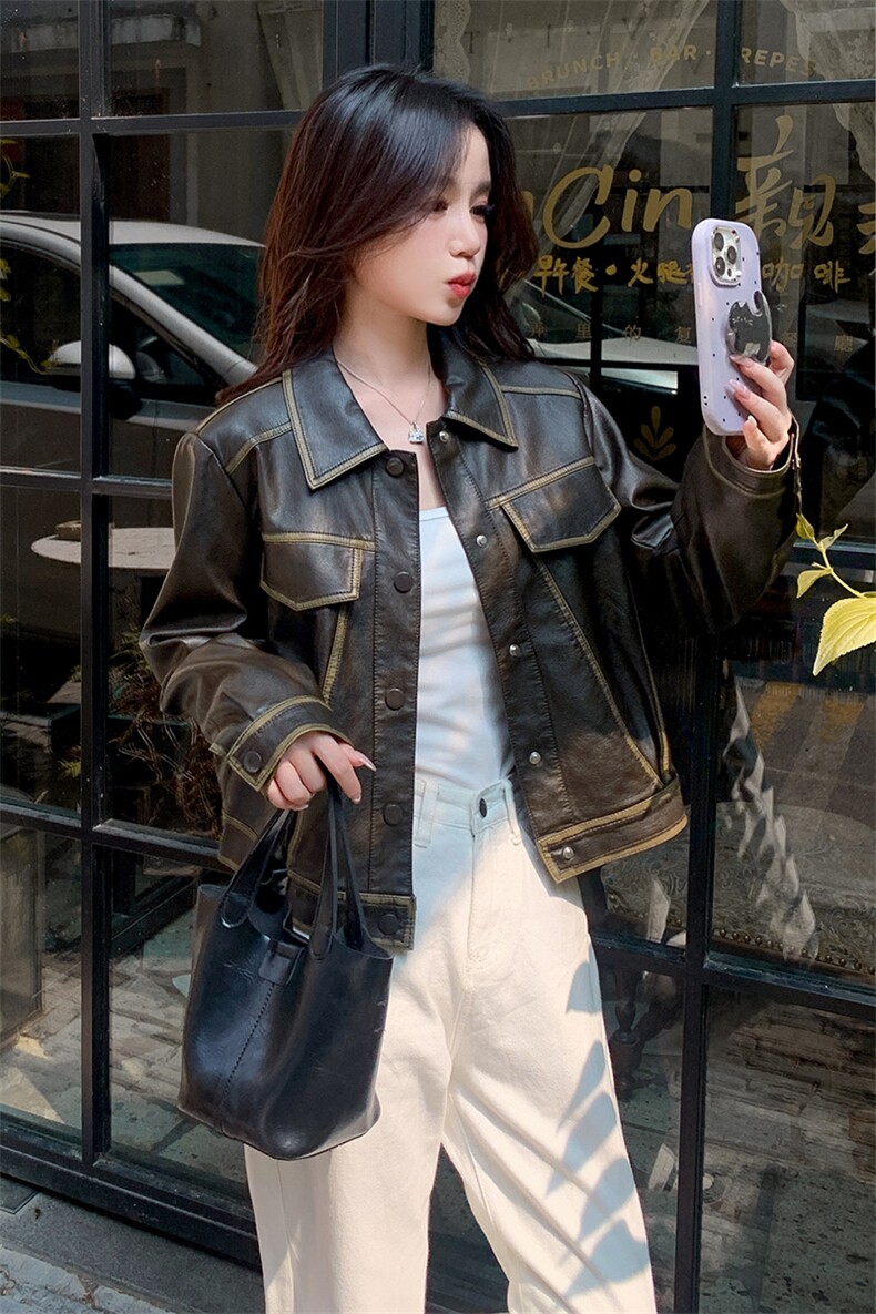 棕色皮衣外套女2025新春新款小个子港风复古皮夹克美拉德机车外套,女装皮衣,韩蜜菓