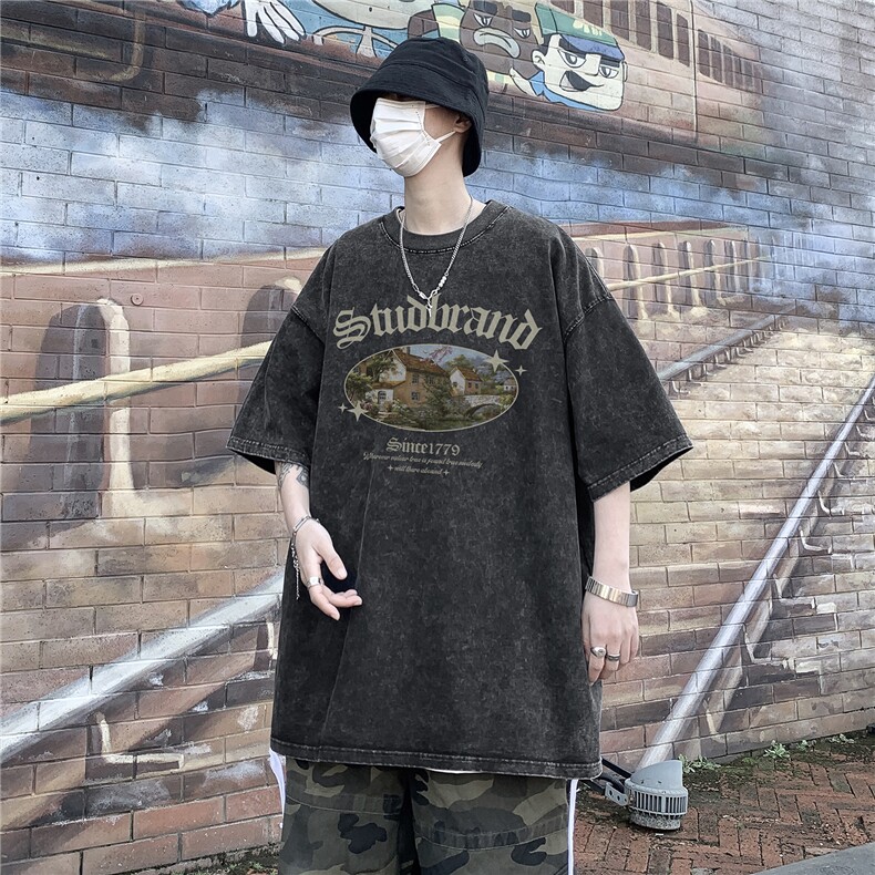 创意印花水洗短袖男夏季美式复古T恤ins港风潮流做旧高街,男装T恤,电商C306-1