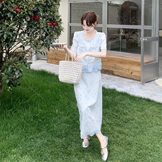 2026夏季新款套装裙女夏季法式温柔风蕾丝提花上衣半身裙两件套，女装套装/套裙，霓裳依族