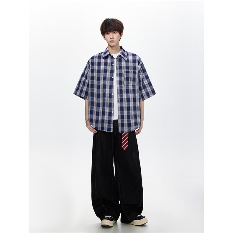 男生宽松格子五分袖衬衫KD687-P45,男装T恤,电商D312-1