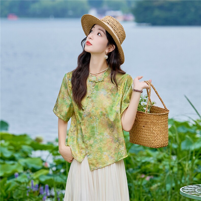 现货2026年夏季新款中老年妈式复古短袖小衬衫盘扣开衫上衣T恤女,女装衬衫,璐依舞