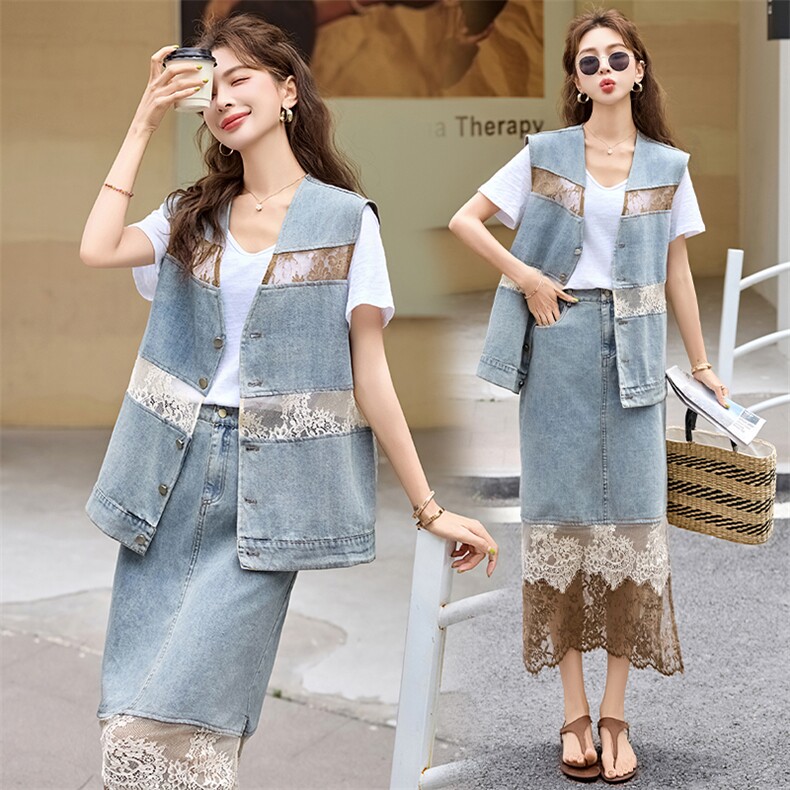 2025夏季新款美式气质时尚蕾丝拼接无袖坎肩马甲+镂空高腰裙套装，女装套装/套裙，橙子家