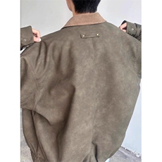 美式街头灯芯绒领拼扎染皮衣外套男款宽松休闲复古做旧飞行员夹克，男装皮衣，星座506A