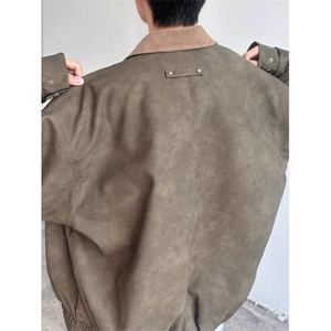 美式街头灯芯绒领拼扎染皮衣外套男款宽松休闲复古做旧飞行员夹克图片