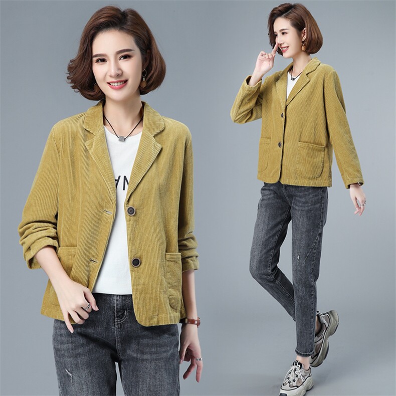灯芯绒短外套女春秋季新款宽松休闲中年妈妈大码复古翻领夹克上衣，女装西装，涵誉