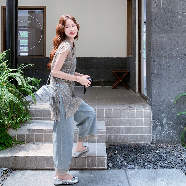 新中式国风蕾丝拼接上衣套装女2025夏季新款休闲牛仔阔腿裤两件套,女装套装/套裙,2C316