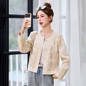小香风外套女2025开春新款高级感超火洋气新中式短款白色蕾丝上衣图片