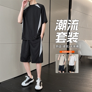 短袖套装男士夏季百搭薄款夏天运动短裤男装宽松痞帅休闲t恤一套