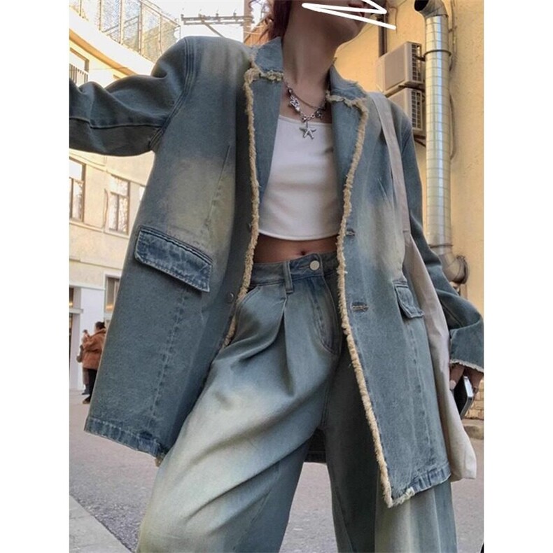 美式复古毛边西装领牛仔外套男女宽松慵懒风小众休闲上衣，男装夹克，星座410-7