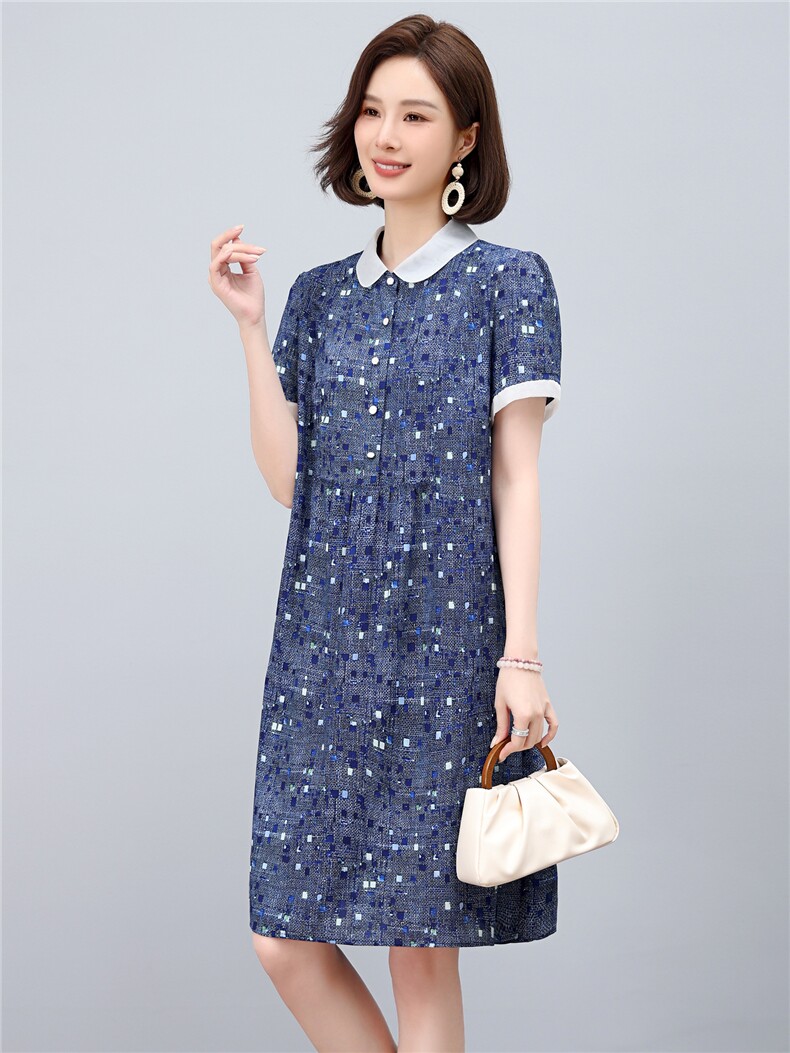2025年夏季优雅气质碎花娃娃领时尚休闲碎花连衣裙,女装连衣裙,依恋蒂丝