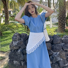 甜美丝巾蓝色泡泡袖连衣裙女夏2025新款爆款氛围感长裙小众不撞款，女装连衣裙，2C057