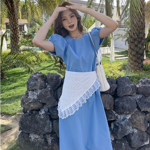 甜美丝巾蓝色泡泡袖连衣裙女夏2025新款爆款氛围感长裙小众不撞款图片