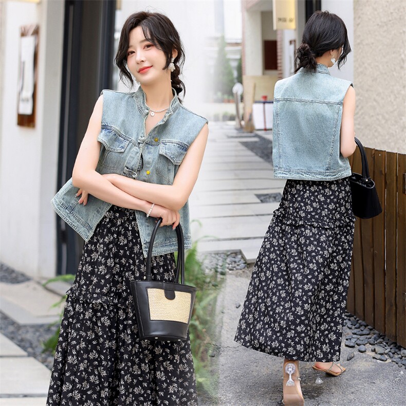 马甲吊带连衣裙套装女2024夏季新款海边度假风碎花长裙,女装套装/套裙,冬木谷雨