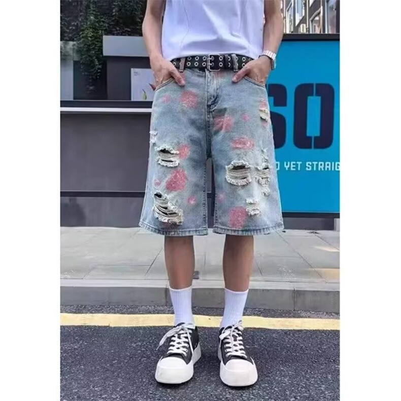 潮标蒂花卉破洞牛仔短裤男女夏季潮流气质ins新款无品牌慵懒文艺,男装牛仔裤,星座506A
