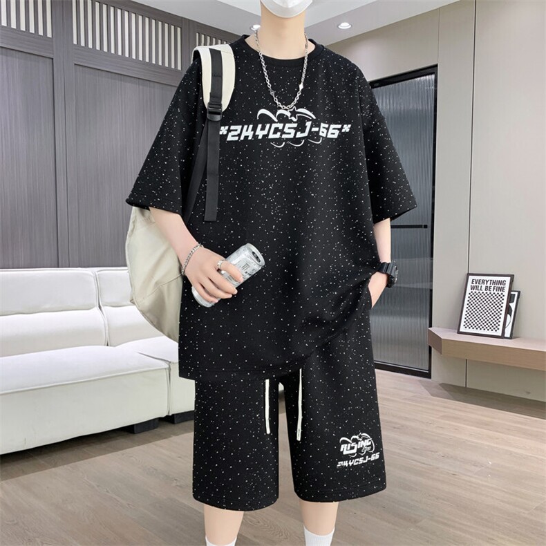 港风套装男宽松菠萝格满天星圆领短袖T恤短裤痞帅套装TZ6628-P50,男装牛仔裤,星座310B-3