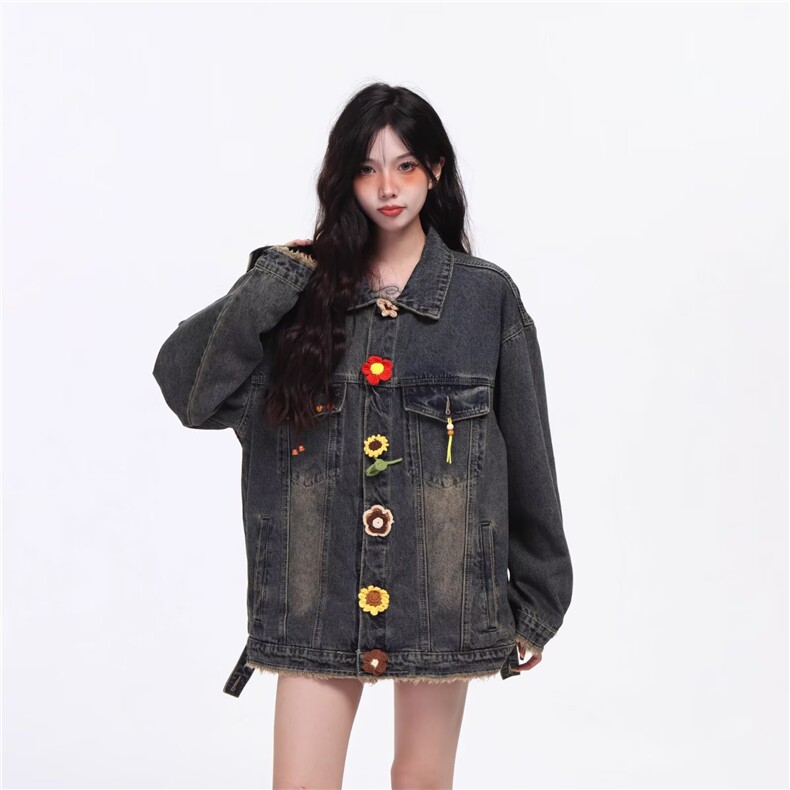 2580-P73做旧水洗牛仔外套女花朵2025新款设计感宽松百搭休闲,男装工装外套,电商B323A